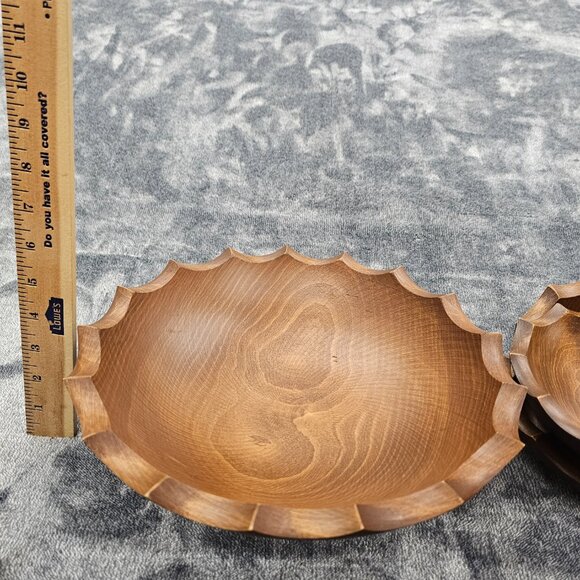 Vintage Woodcraftery wooden bowl set 1 large 7 small scalloped edges MCM - Picture 14 of 15